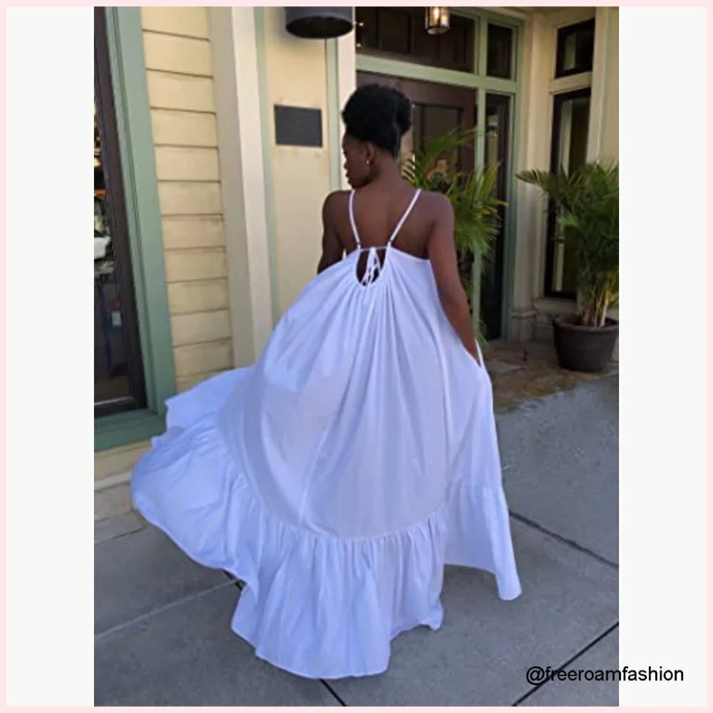 Spaghetti Strap Maxi Dress with Pockets Ruched Ruffle Hem Loose Fit